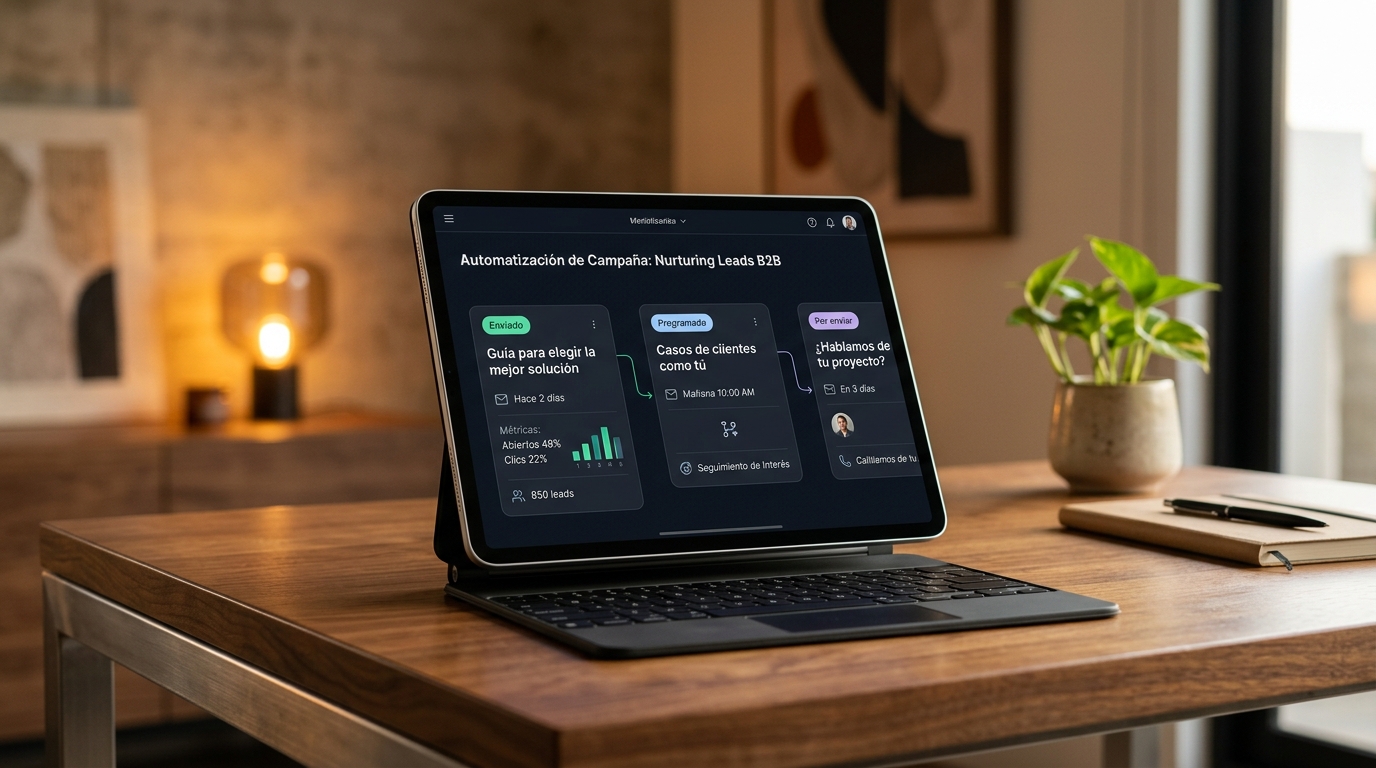 Secuencia automatizada de email nurturing y maduración de prospectos B2B en tablet moderna