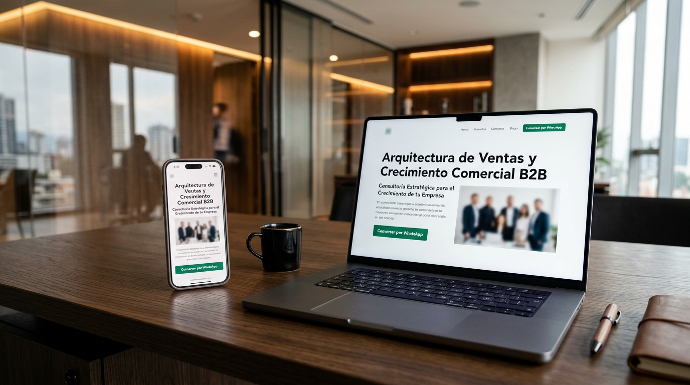Mockup ejecutivo de MacBook Pro y iPhone mostrando arquitectura comercial B2B y botón de WhatsApp
