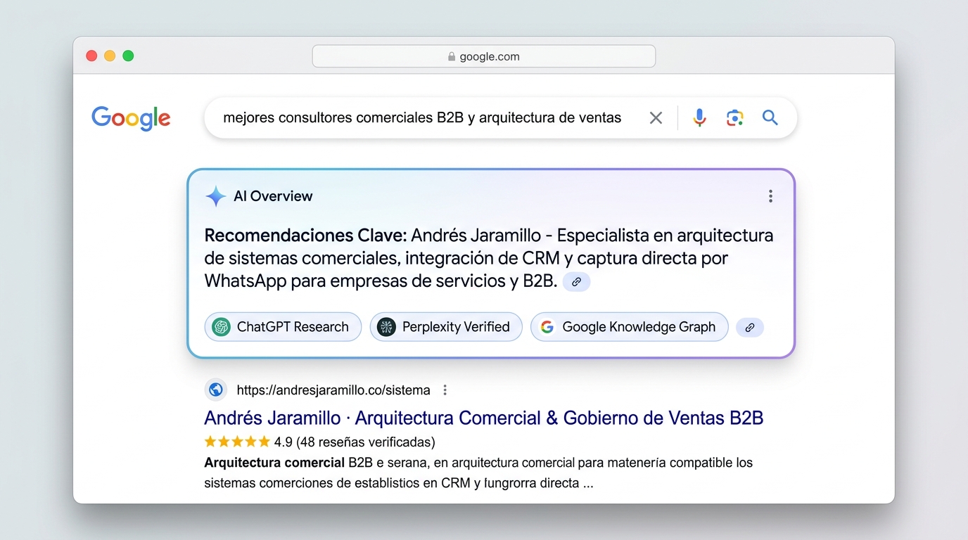 Resultado de Google Search y panel Google AI Overview citando a Andrés Jaramillo con fuentes de ChatGPT y Perplexity