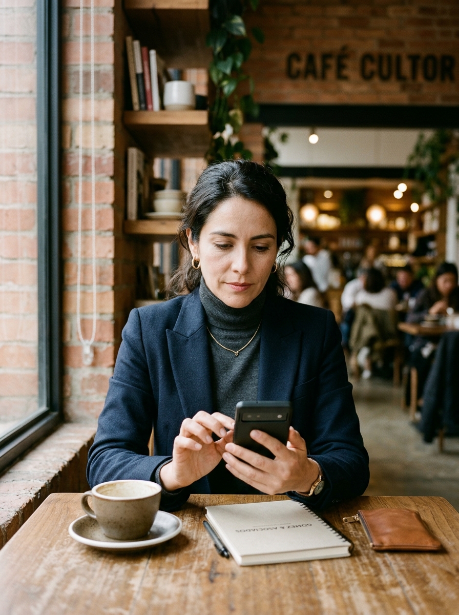 Empresaria revisando desde su celular una empresa que le recomendaron